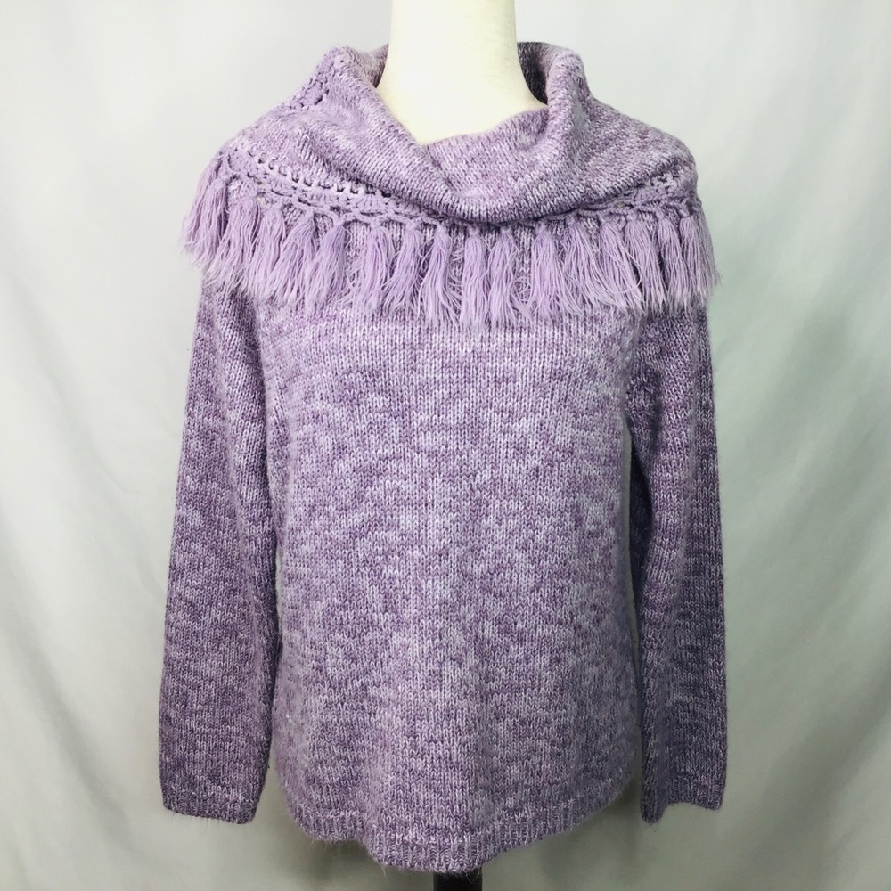 NORTON McNaughton Sweater Size M Fringe Cowl Neck Tassel Soft Fuzzy Purple